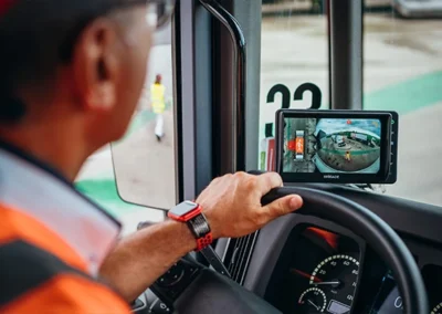Man driving with camera screen in view