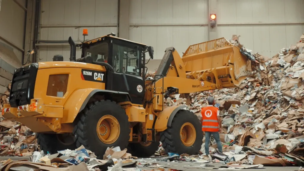 Un travailleur à côté d'une chargeuse sur pneus triant les déchets dans un centre de recyclage.