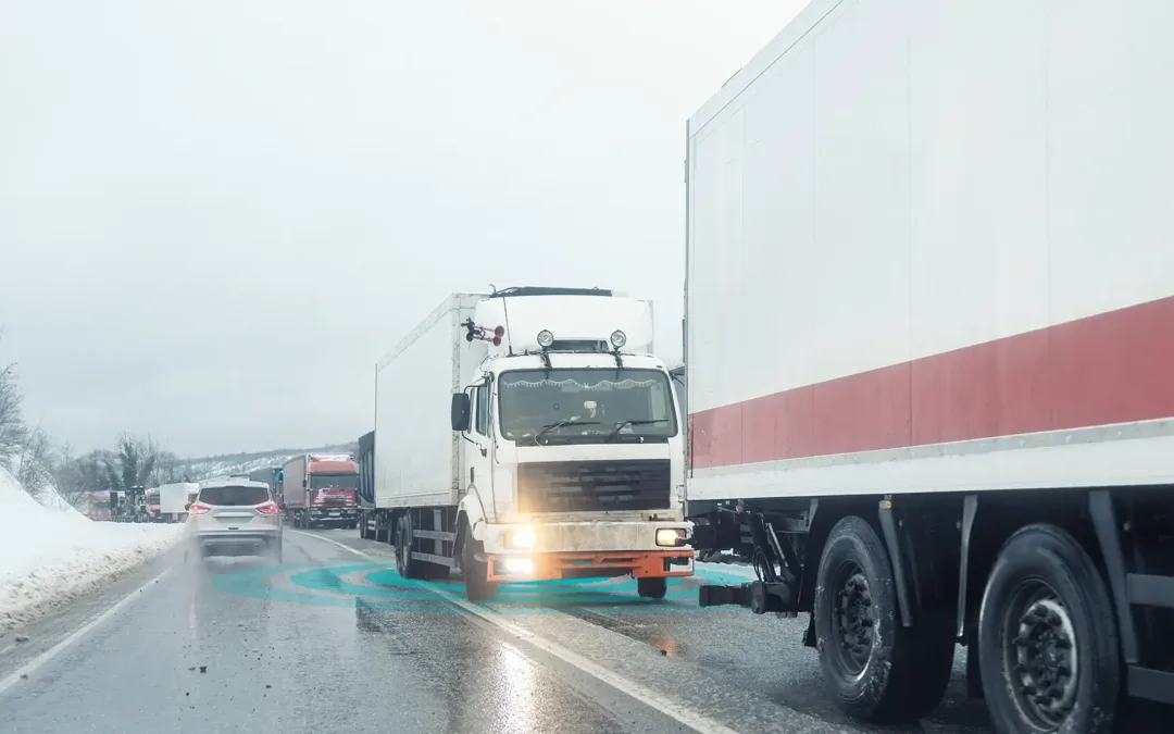 Articulated Truck queing in traffic on a busy icey motorway in snow conditions.