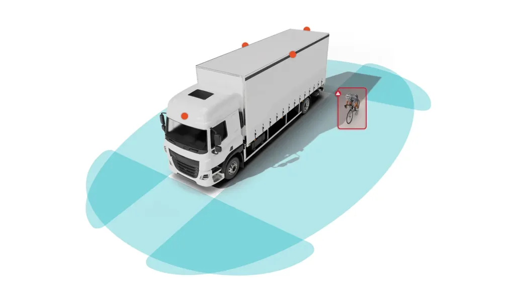 360 detection zone around a truck detection a cyclist in the truck blind spot