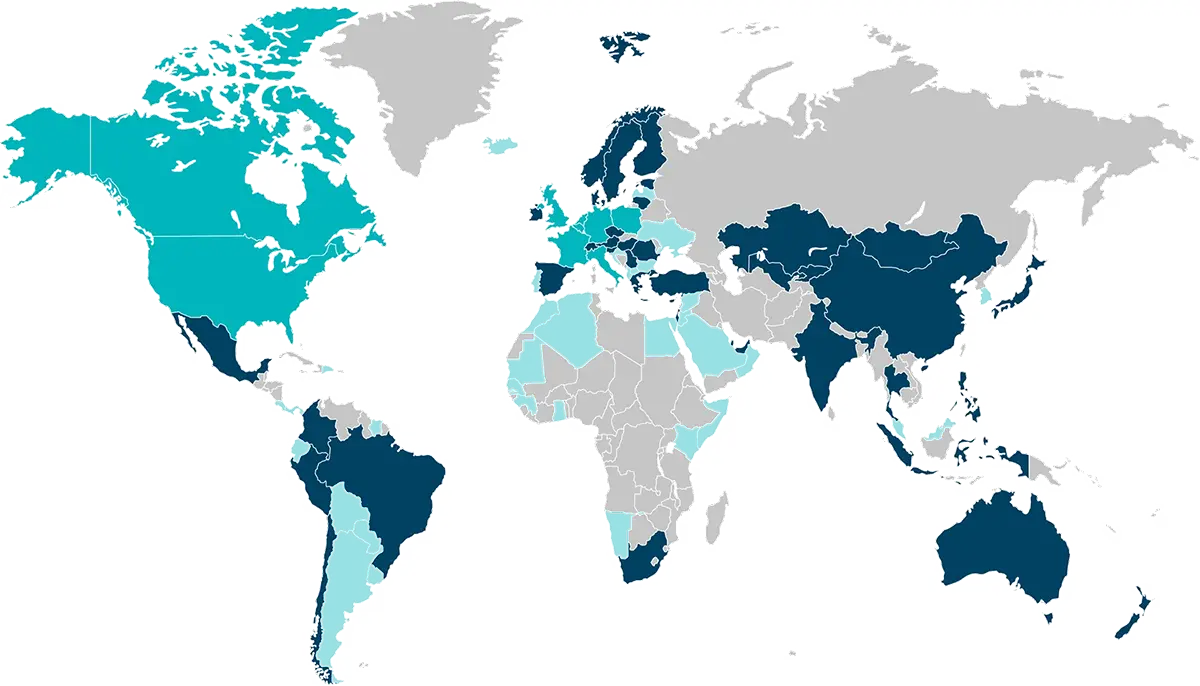Mapa świata pokazująca lokalizacje biura, klientów i dystrybutorów Brigade.
