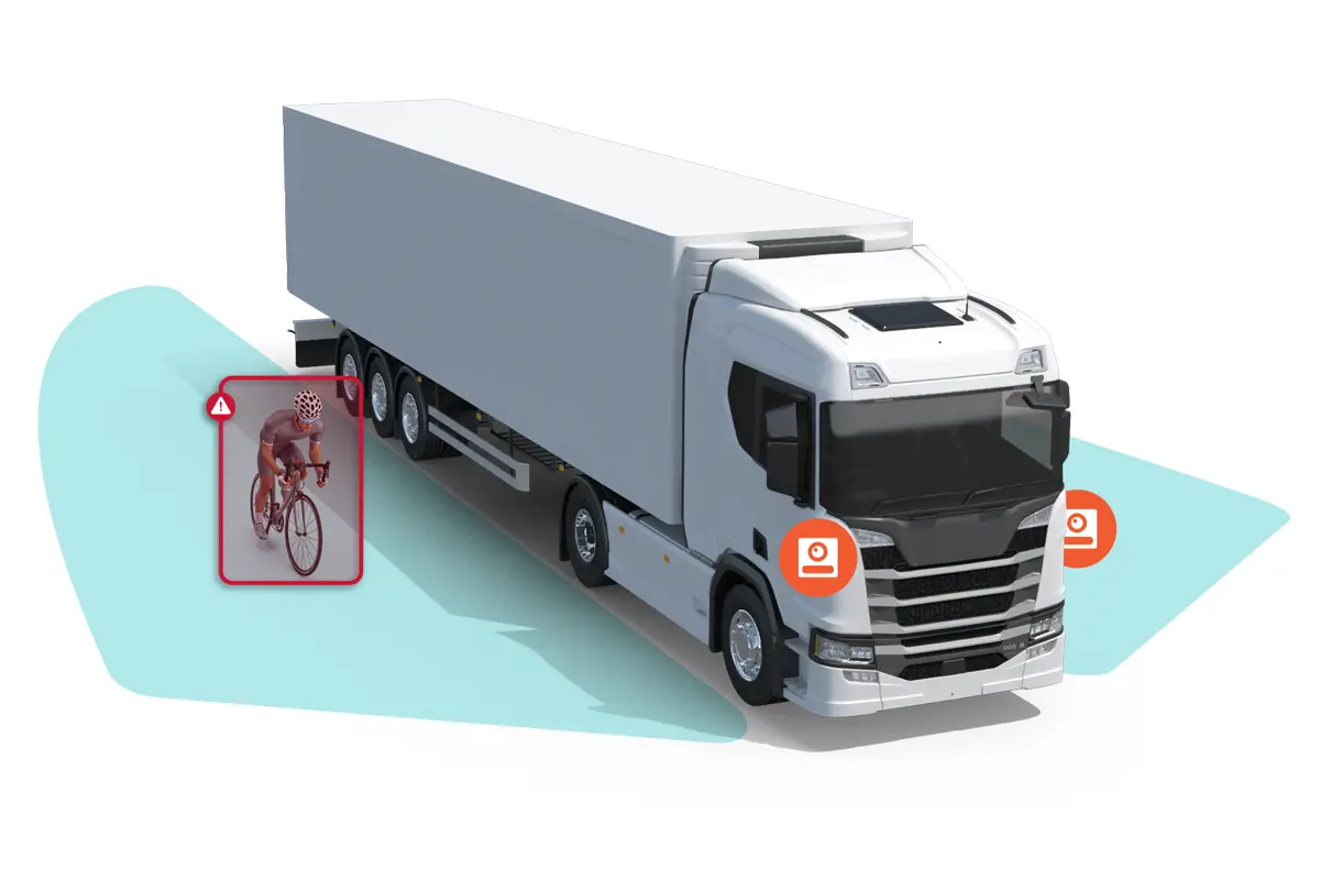 En cyklist, der registreres af et AI-sidekamera, mens vedkommende kører i en lastbils blinde vinkel.