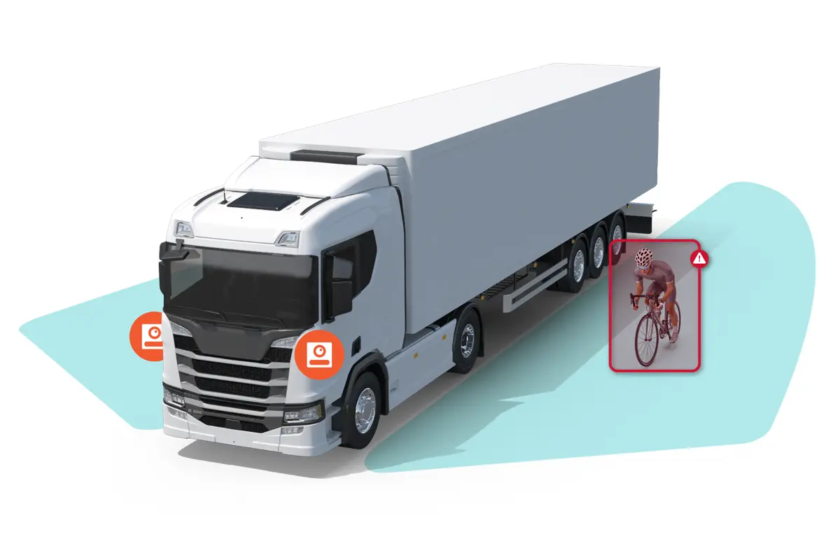 A cyclist being detected by an AI side camera as they travel in the blind spot of a truck.