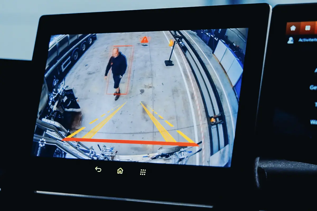 Une personne détectée par une caméra dotée d'une intelligence artificielle et dont l'image s'affiche sur un écran situé dans la cabine d'un camion Scania
