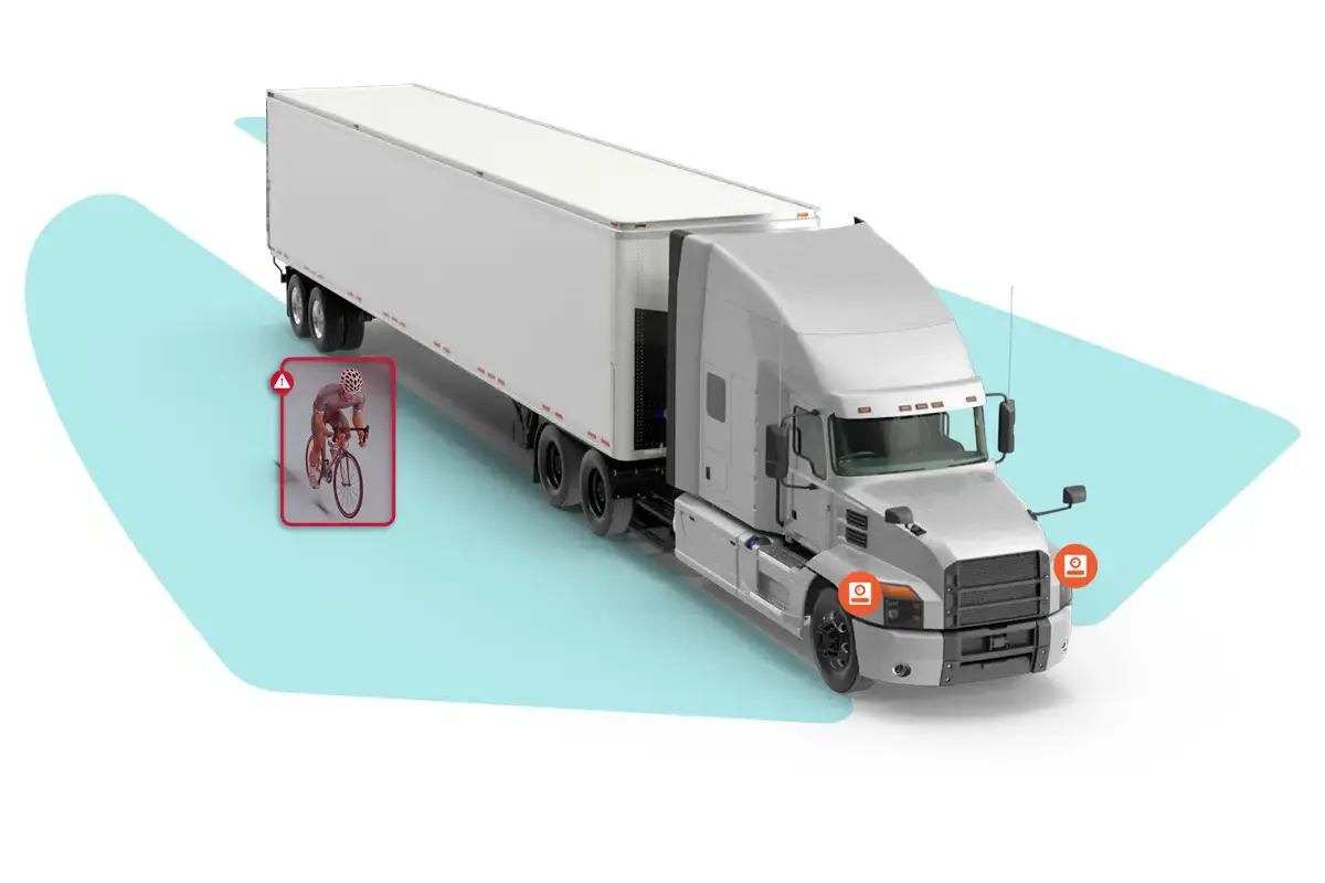 Un cycliste détecté par une caméra latérale dotée d'une intelligence artificielle alors qu'il circule dans l'angle mort d'un camion.