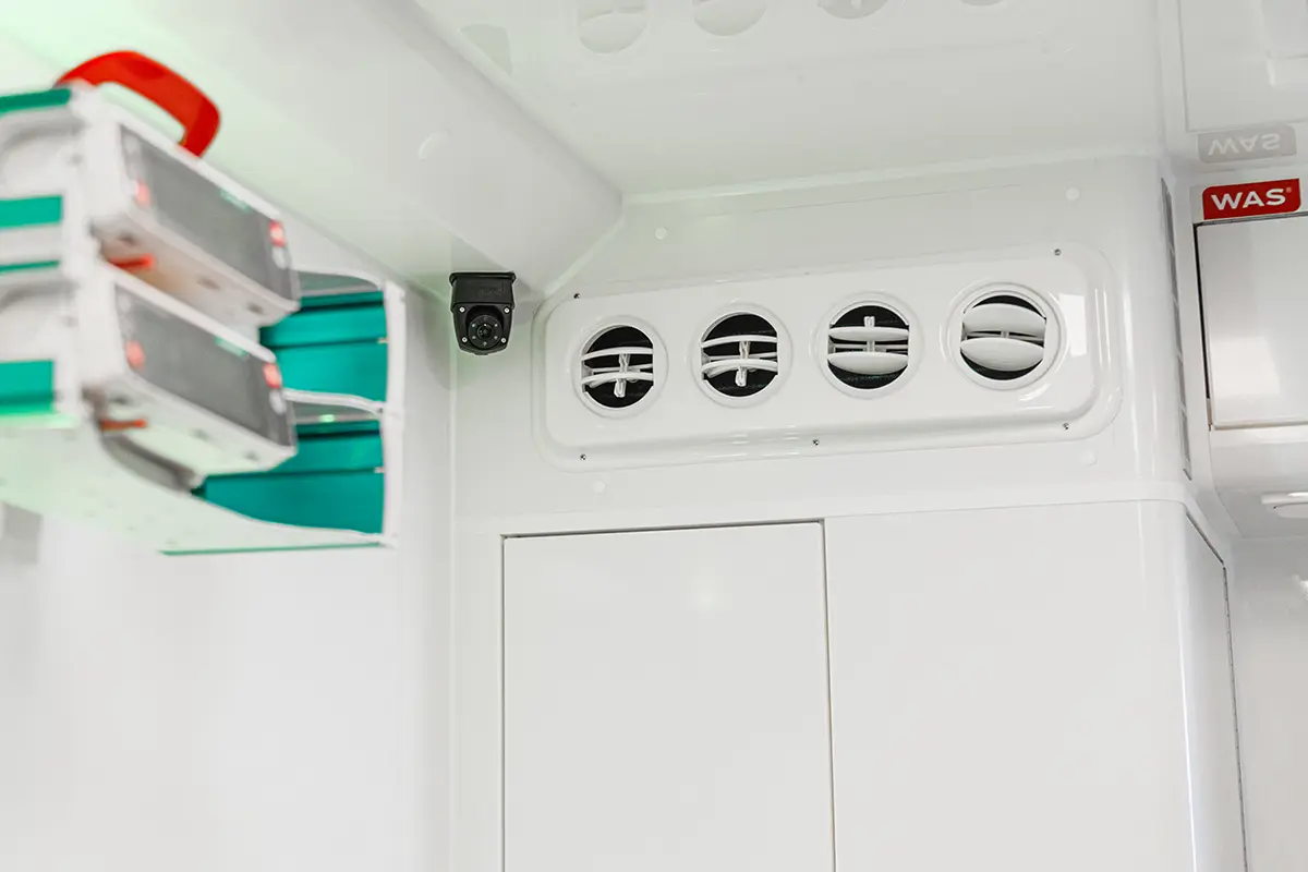 Ambulance interior fitted with a Brigade wide angle lens camera.