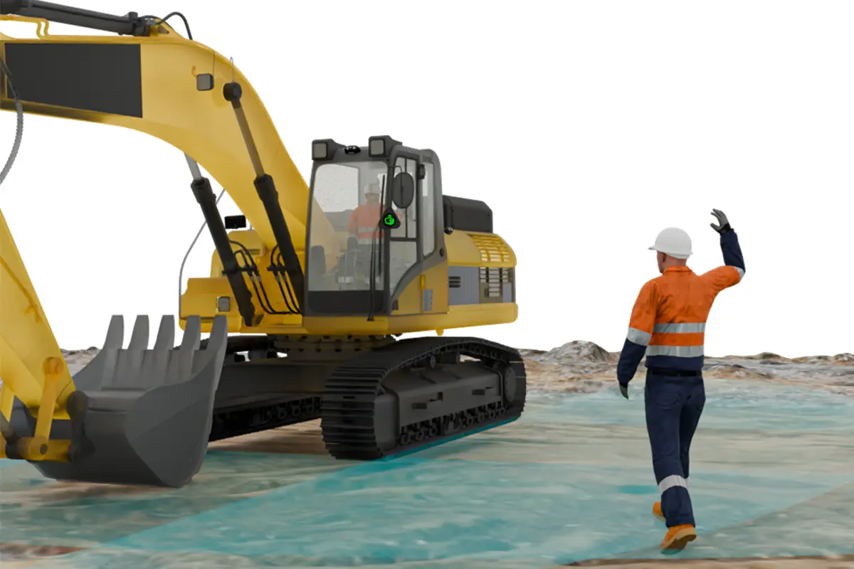 Bagger mit Brigade-Daumen-hoch-Anzeige, die einem Arbeiter signalisiert, dass er sich sicher nähern kann.